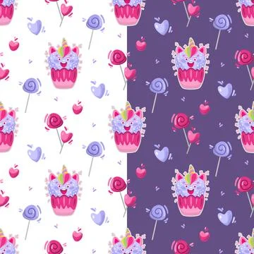 Childish pattern with unicorn cake and hearts Stock Illustration