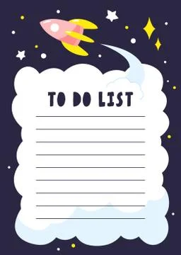 Childish planner with space elements. Rocket in flight and stars in the space. Stock Illustration