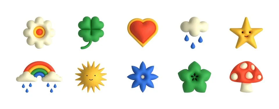 Childish plastic 3D nature elements. Cute realistic sun star flower leaf rainbow イラスト素材