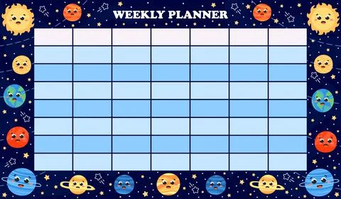 Childish printable galaxy weekly planner for kids in cartoon style, solar sys Stock Illustration