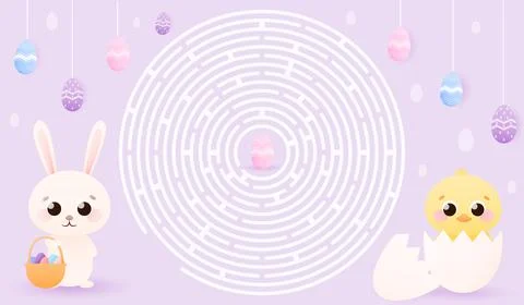 Childish round maze with easter bunny and chick, spring holiday theme for kid Stock Illustration
