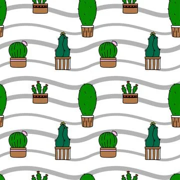 Childish seamless cactus pattern. Cactus template. Cacti in pots. Vector ba.. Stock Illustration