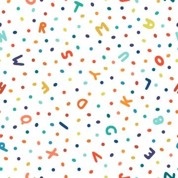 Childish seamless dotted pattern with colorful doodle letters. Fun repeatable Illustrazione stock