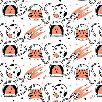 Childish seamless pattern with cat and dog astronaut. Cosmic pattern. Stock Illustration