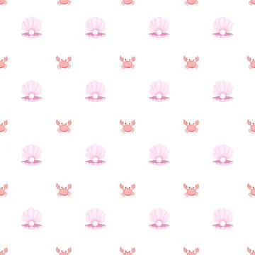 Childish seamless pattern with crab. shell and pearl. gentle pattern for girls Stock Illustration