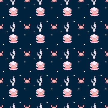 Childish seamless pattern with crab. shell and pearl. gentle pattern for girls Stock Illustration