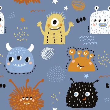Childish seamless pattern with creative hand drawn monsters. Stock Illustration
