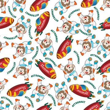 Childish seamless pattern with cute bear astronaut on space. Stock Illustration
