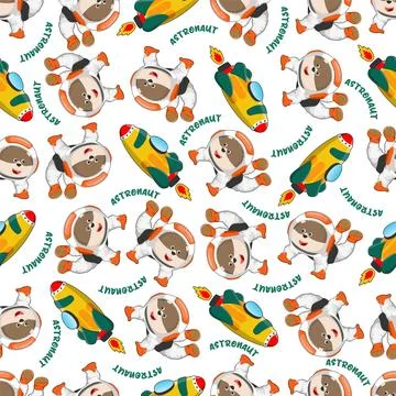 Childish seamless pattern with cute bear astronaut on space. Illustrazione stock