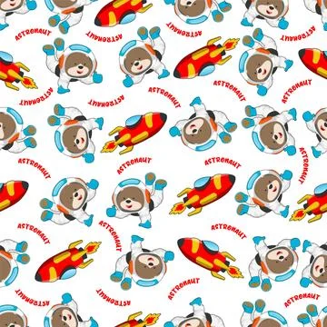 Childish seamless pattern with cute bear astronaut on space. Stock Illustration