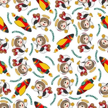 Childish seamless pattern with cute bear astronaut on space. イラスト素材