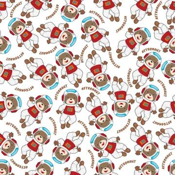 Childish seamless pattern with cute bear astronaut on space. Illustrazione stock