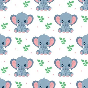 Childish seamless pattern of cute elephant and plant. Stock Illustration
