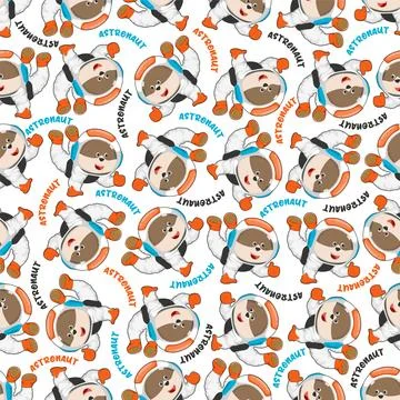 Childish seamless pattern with cute fox astronaut on space. Illustrazione stock