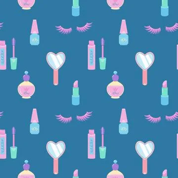 Childish seamless pattern with cute funny baby cosmetics. Illustration for Stock Illustration