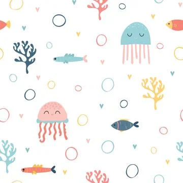 Childish seamless pattern with cute hand drawn fishes and jellyfishes in do.. Stock Illustration