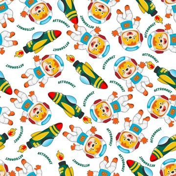 Childish seamless pattern with cute lion astronaut on space. Stock Illustration