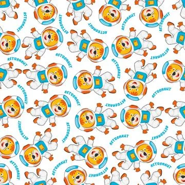 Childish seamless pattern with cute lion astronaut on space. Stock Illustration