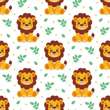Childish seamless pattern of cute lion and plant. Animal wallpaper 스톡 일러스트