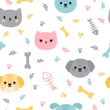 Childish seamless pattern with cute little puppies and kittens. Trendy back.. Stock Illustration