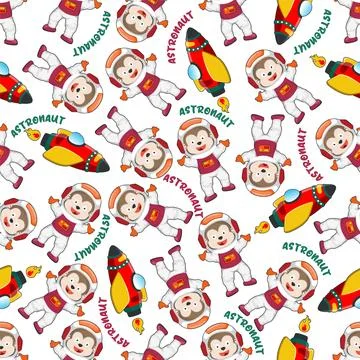 Childish seamless pattern with cute monkey astronaut on space. Stock Illustration