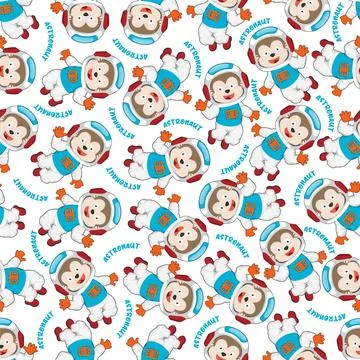 Childish seamless pattern with cute monkey astronaut on space. 스톡 일러스트