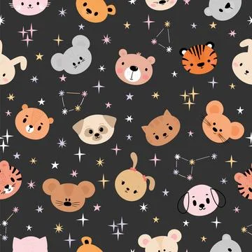 Childish seamless pattern with cute smiley animal faces. Creative baby text.. Stock Illustration