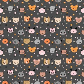 Childish seamless pattern with cute smiley animal faces. Creative baby text.. Stock Illustration