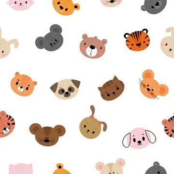 Childish seamless pattern with cute smiley animal faces. Creative baby text.. Stock Illustration