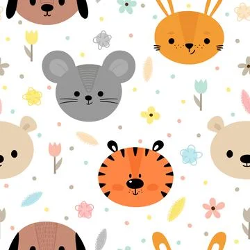 Childish seamless pattern with cute smiley animals. Creative baby texture f.. Stock Illustration