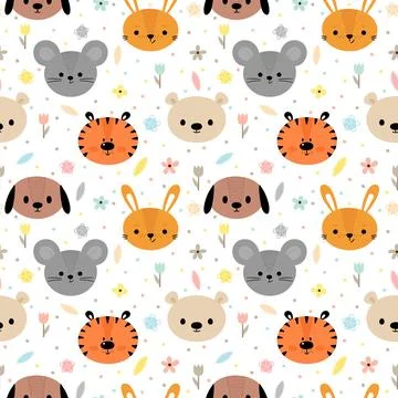 Childish seamless pattern with cute smiley animals. Creative baby texture f.. イラスト素材