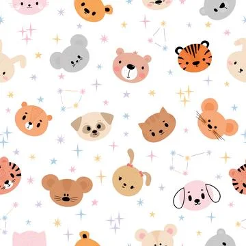 Childish seamless pattern with cute smiley animal faces. Space background. .. Stock Illustration