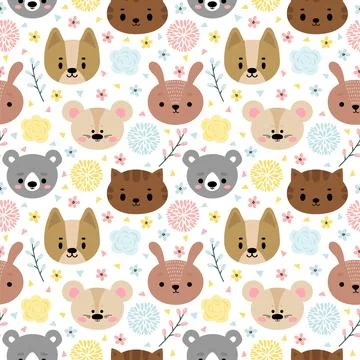 Childish seamless pattern with cute smiley animals. Creative baby texture f.. Stock Illustration