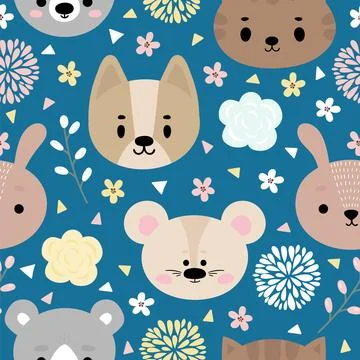 Childish seamless pattern with cute smiley animals. Floral background. Crea.. Stock Illustration