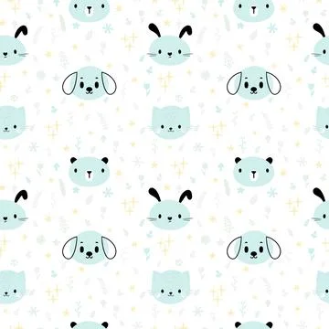 Childish seamless pattern with cute smiley animals. Pastel background for b.. Stock Illustration