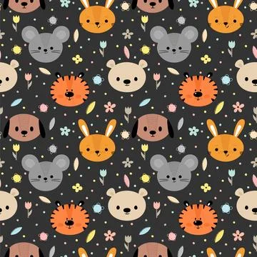 Childish seamless pattern with cute smiley animals. Floral background. Crea.. Illustrazione stock