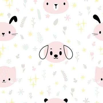 Childish seamless pattern with cute smiley animals. Pastel background. Crea.. Stock Illustration