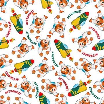 Childish seamless pattern with cute tiger astronaut on space. 스톡 일러스트