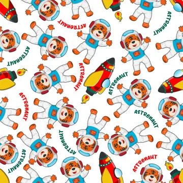 Childish seamless pattern with cute tiger astronaut on space. Illustrazione stock
