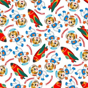 Childish seamless pattern with cute tiger astronaut on space. Illustrazione stock