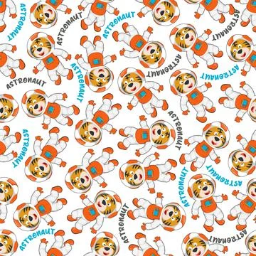Childish seamless pattern with cute tiger astronaut on space Stock Illustration
