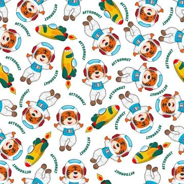 Childish seamless pattern with cute tiger astronaut on space. 스톡 일러스트