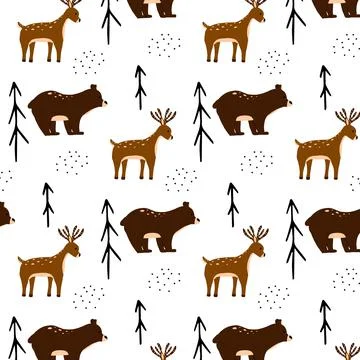 Childish seamless pattern with deer and bear. Stock Illustration