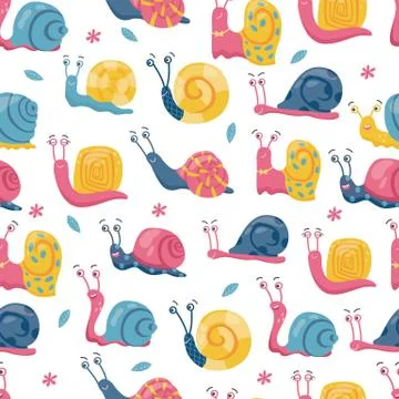 Childish seamless pattern design with snails flat cartoon vector illustration. Stock Illustration