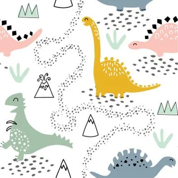 Childish seamless pattern with dinosaurs, volcano, mountains and tropical plants Stock Illustration
