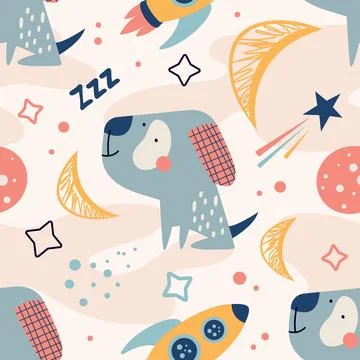 Childish seamless pattern featuring a funny, cool dog, stars, a rocket, and.. Stock Illustration