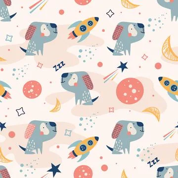Childish seamless pattern with funny cool dog, stars, rocket, planet in Sca.. Stock Illustration