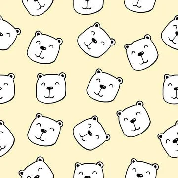 Childish seamless pattern with funny cute bear heads on yellow background, hand 스톡 일러스트