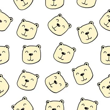 Childish seamless pattern with funny cute bear heads on white background, hand Stock Illustration