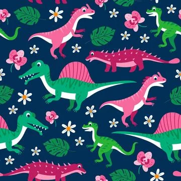 Childish seamless pattern with funny cute dinosaurs in cartoon style Stock Illustration